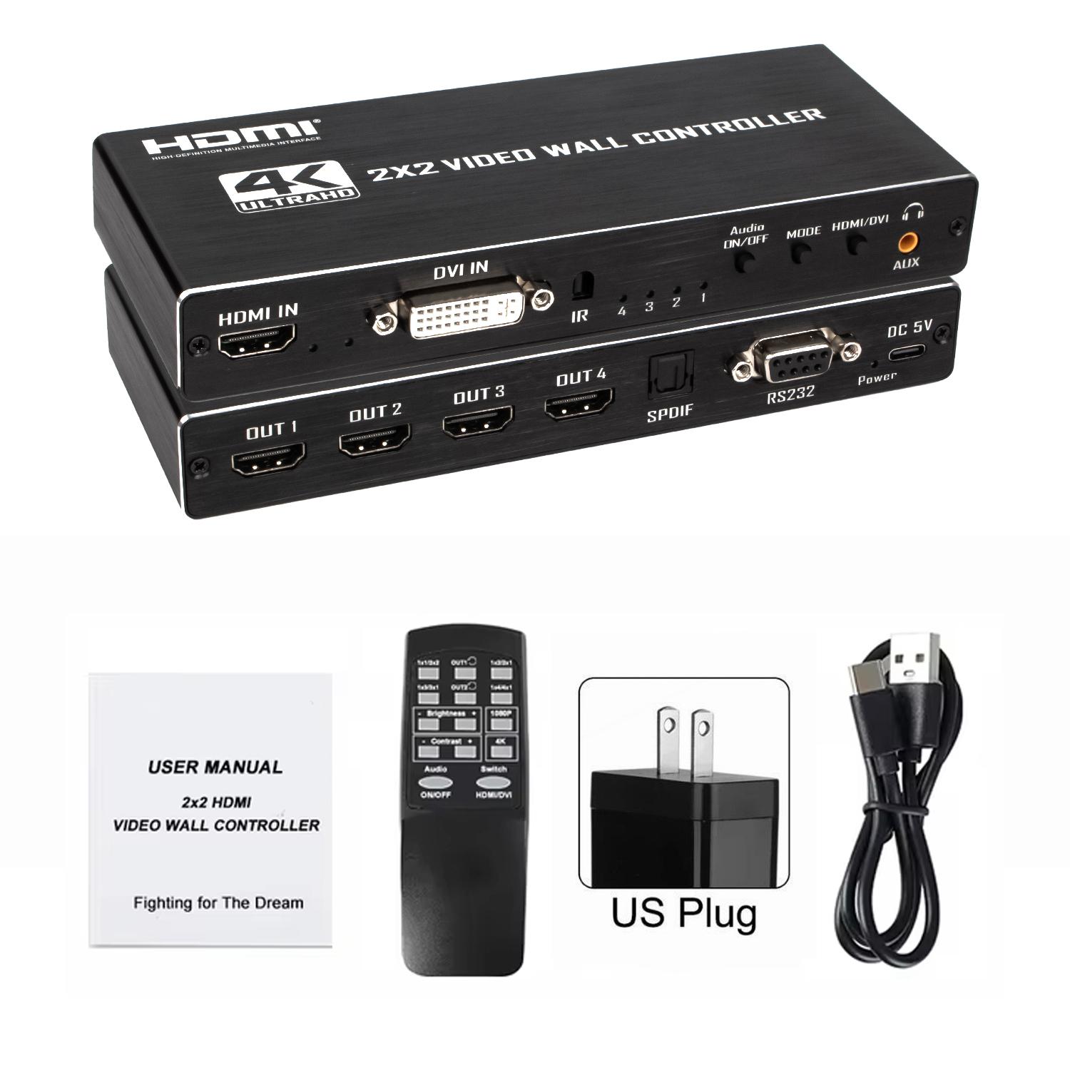 

4K 2x2 Video Wall Controller TV Splicing Box Processor 1080P 1x2 1x3 1x4 2x1 for HDMI DVI 4 Screen Splicer Edge Adjustment RS23