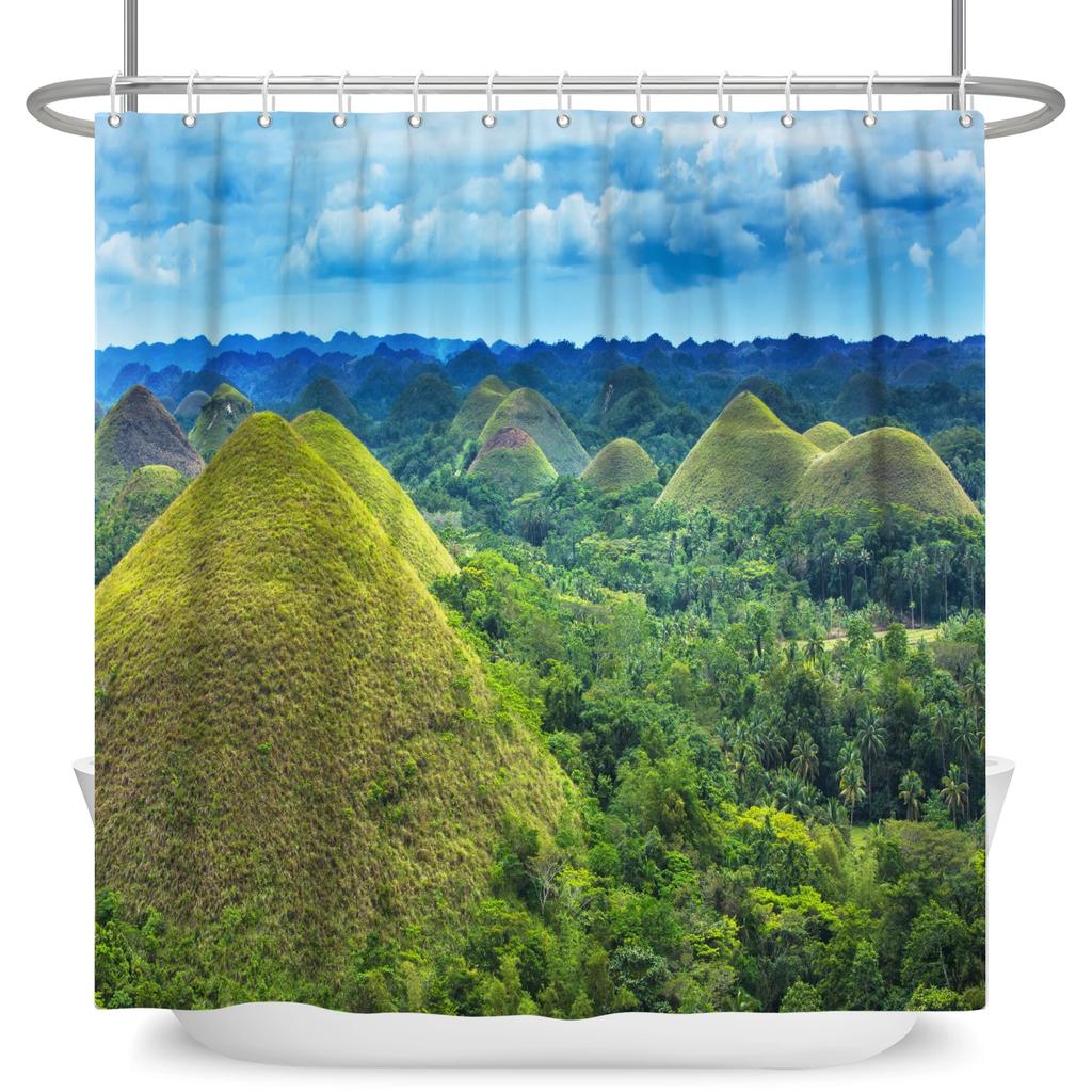 Natural Scenery Shower Curtain Blue Sky Grassland White Clouds 3D Printing Home Bathroom Decoration Waterproof Curtain With Hook