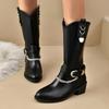 Women's Casual and Versatile Medium Boots New Fall Round Toe Chain Block Heel Solid Color Fashion Boots