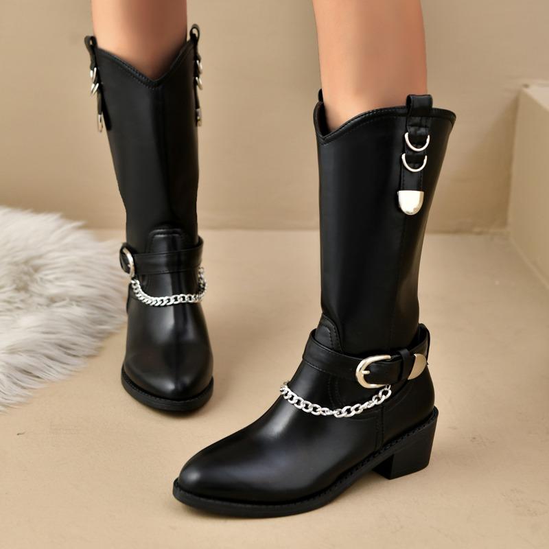 Women's Casual and Versatile Medium Boots New Fall Round Toe Chain Block Heel Solid Color Fashion Boots