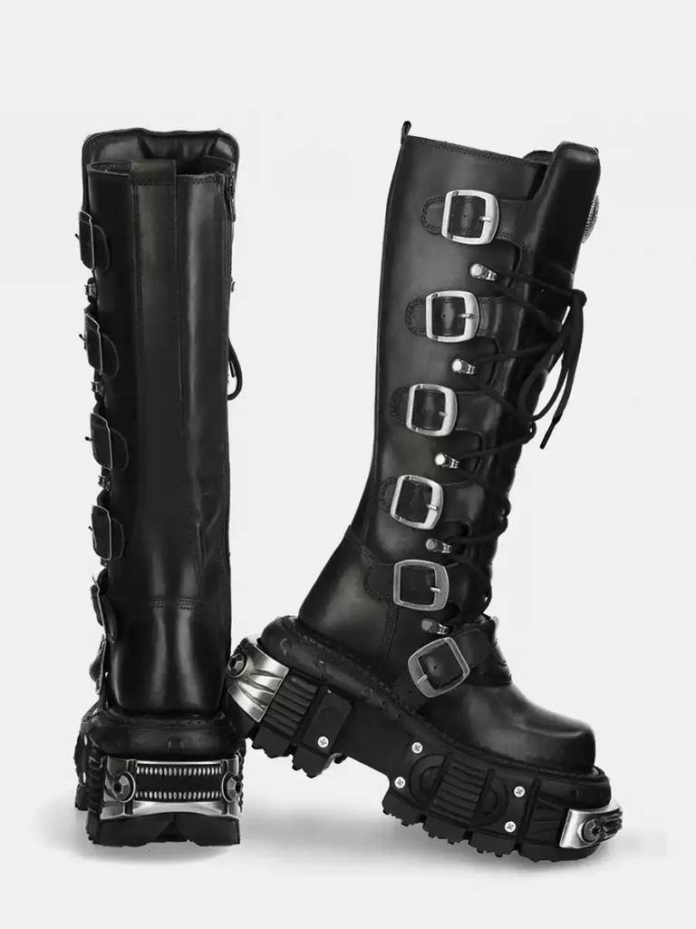 Fashion Metal Buckle Square Toe Knee High Boots Women Black PU Leather Punk Long Boots Woman Autumn Chunky Heels Motorcycle Booties