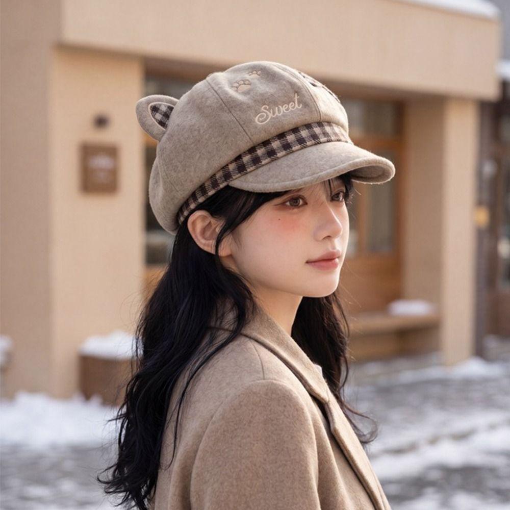 Cat Paw Pattern Women Octagonal Hat Autumn and Winter Newsboy Hat Fashion Cat Ears Beret Cap Women