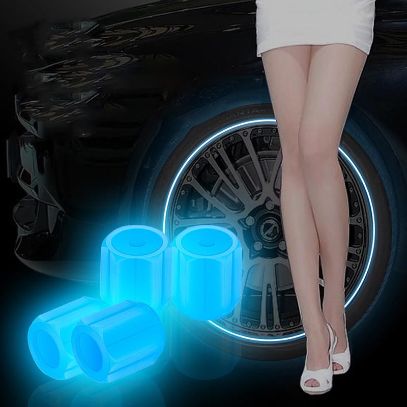 4Pcs Universal Fluorescent Luminous Tire Valve Stem Covers Car Tire Valve Cap Green /Yellow/Blue/Red Fluorescent Powder