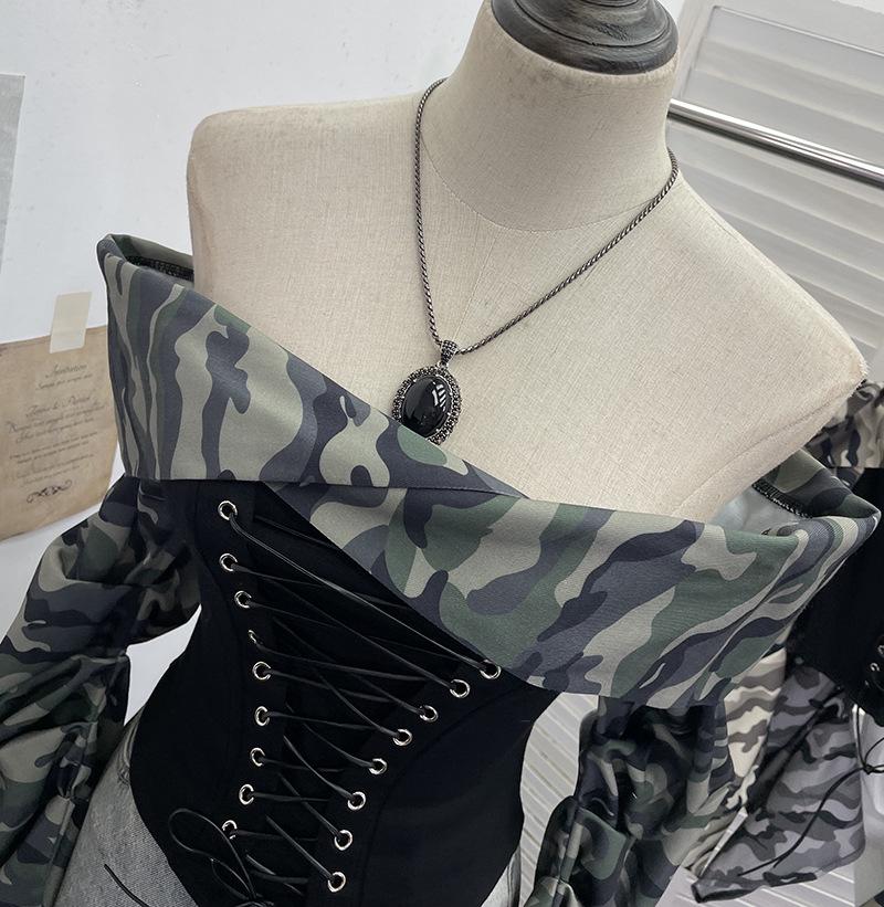 American Retro Camouflage Lace-up Pleated Shirt