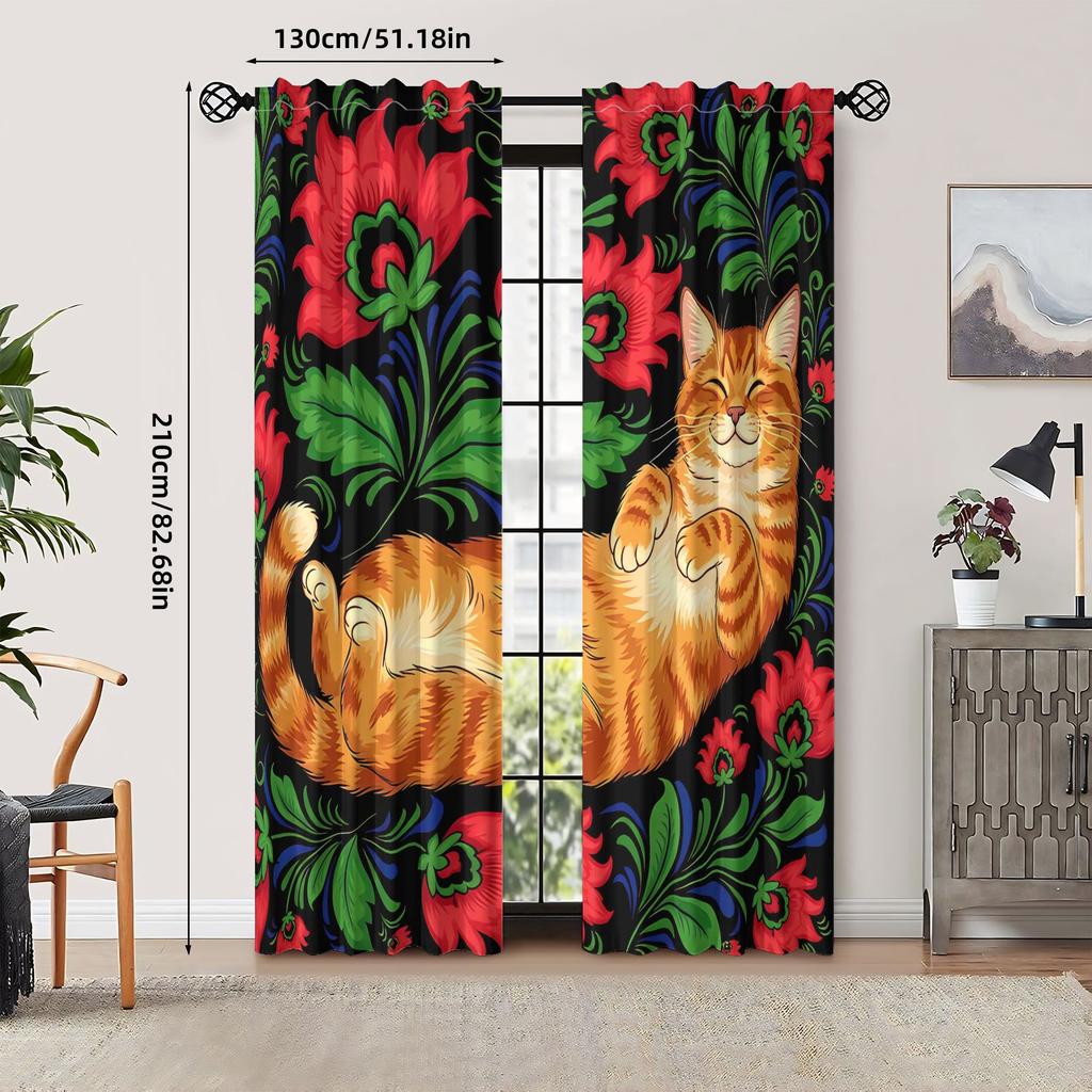 2pcs Cat & Floral Blackout Curtain Panels - Ginger Tabby Cat with Poppies & Foliage Print, Grommet Top Drapes for  Room