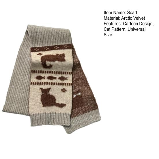 Women Scarf Cartoon Cat Design Arctic Fleece Warm Soft Universal Size Long Scarf Casual Clothing Accessory