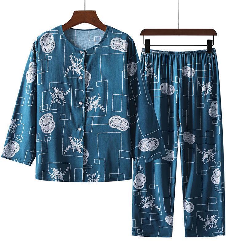 Women's Cotton Silk Pajama Set: Long-Sleeve Top & Trousers for Middle-aged & Elderly, Spring/Summer. Perfect As Homewear or Outerwear.