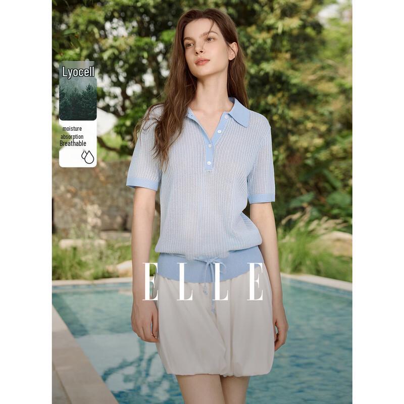 ELLE Women s French-Style Hollow Out Polo Knit Top S