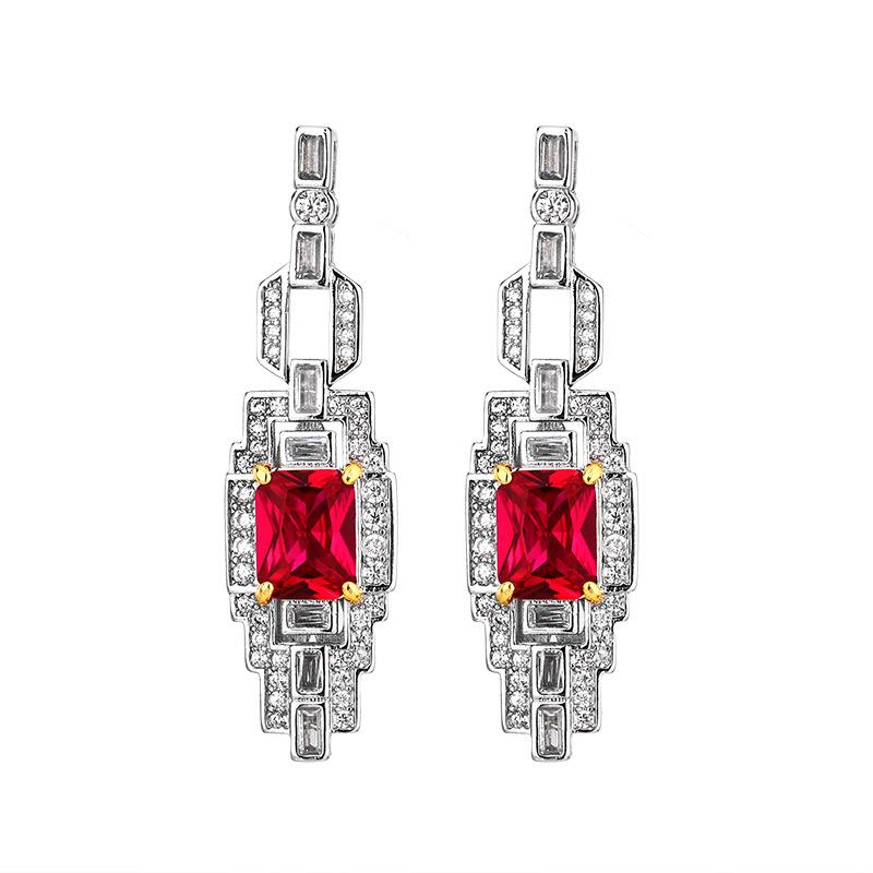 Simulated colored treasure zircon earrings, emerald earrings, square diamond-encrusted red corundum earrings, pink zirconium earrings.