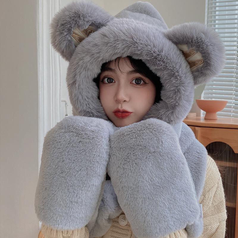 Cute Little Bear Thickened Warm Scarf Hooded Scarf Winter Gloves Three piece Hat for Women