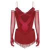 Womens Ruched Mesh Drapes Tassel Dance Leotard Glittery Rhinestones Adjustable Straps Cutout Fringed Bodysuit Gloves
