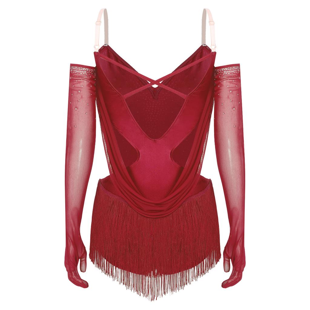 Womens Ruched Mesh Drapes Tassel Dance Leotard Glittery Rhinestones Adjustable Straps Cutout Fringed Bodysuit Gloves