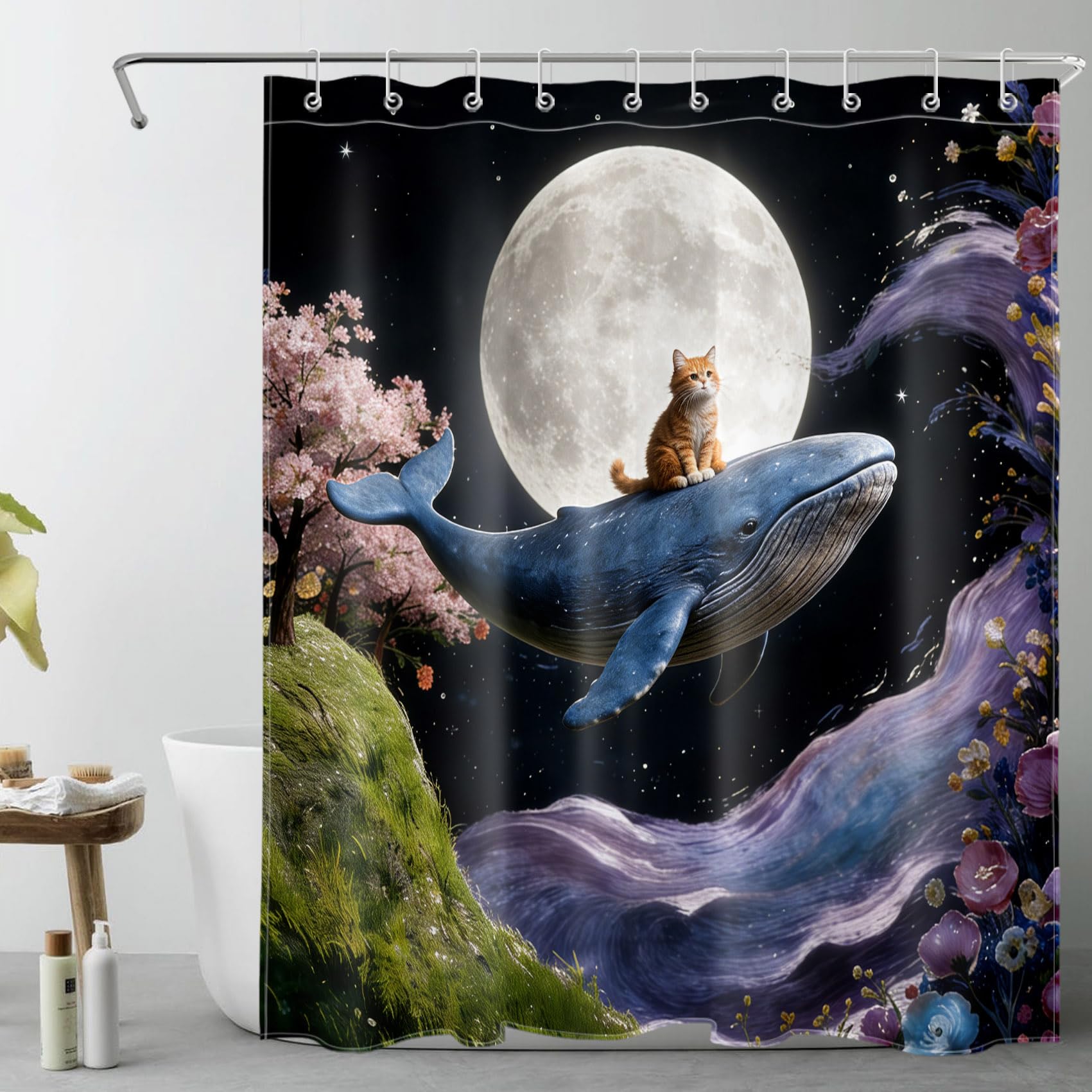 

Funny Cat Shower Curtain, Cute Orange Cat Riding Blue Whale Fantasy Kids Bathroom Decor, Waterproof Washable Fabric W60H190(CM)-1 Pcs