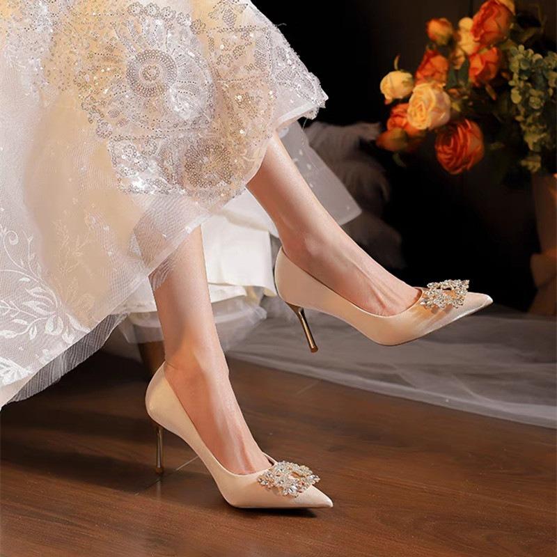 High Heels Women's White Wedding Dress Show Clothes Wedding Shoes Women's Spring New Thin Heels Pointed Temperament Single Shoes