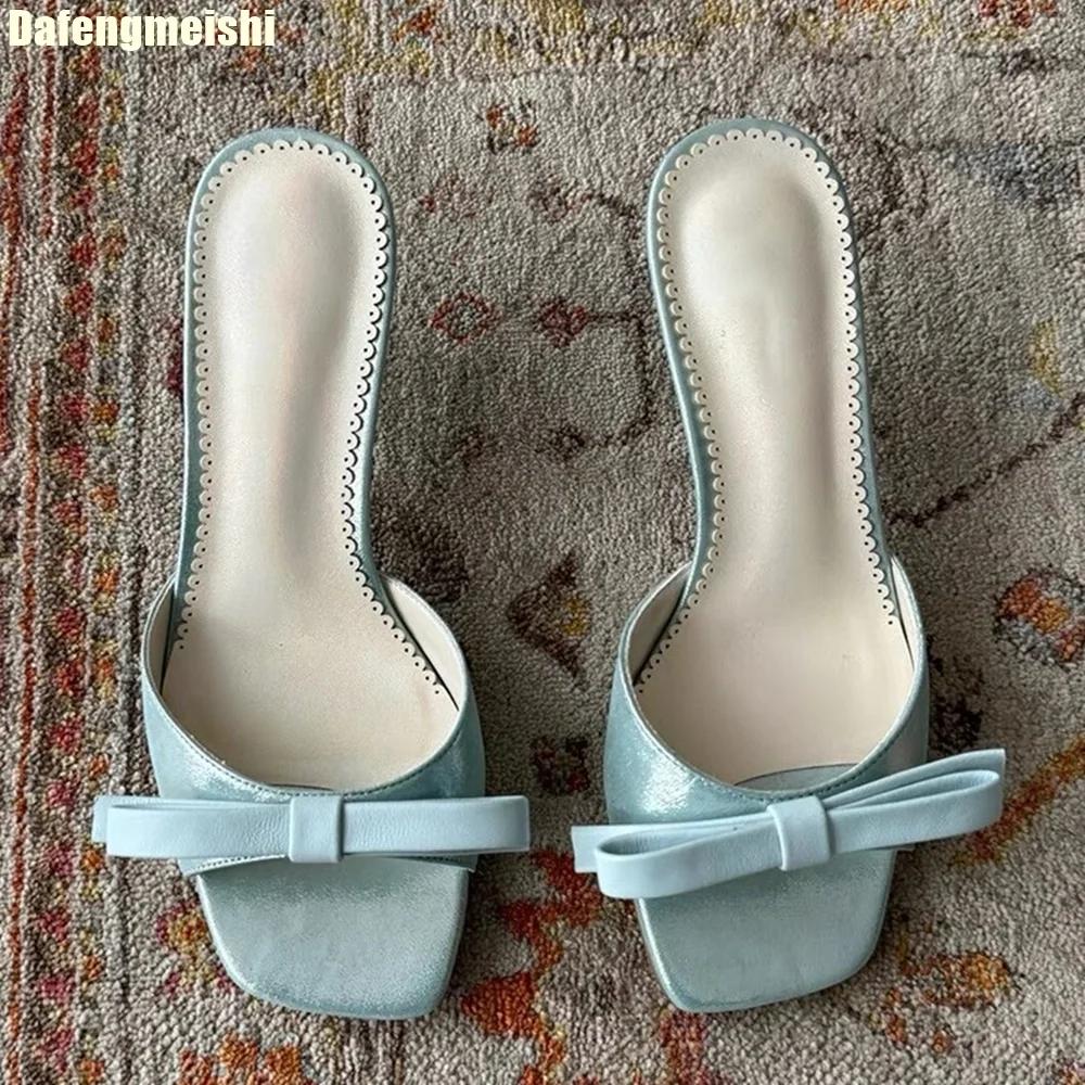 Bowknot One-Strap High Heels Slipper for Women 2025 Summer New Square Toe Slides Open Toe Sexy Lace Sole Casual Sandals