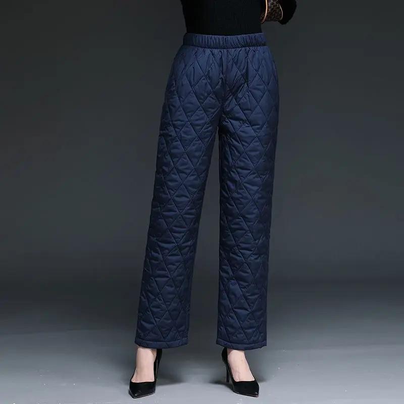 Women's Warm Navy Blue Diamond Quilted Straight Leg Padded Pants
