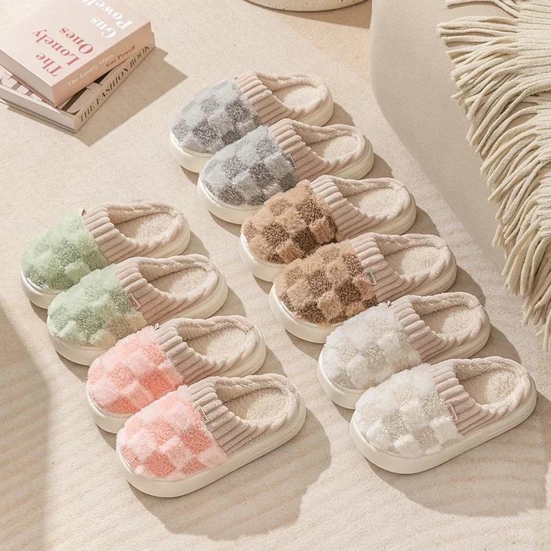 Fashion Autum Winter Plush Warm Women Cotton Slippers Casual Indoor Home Toe Wrap Cartoon Slides Men Anti Slip Thick Platform Soft Shoes