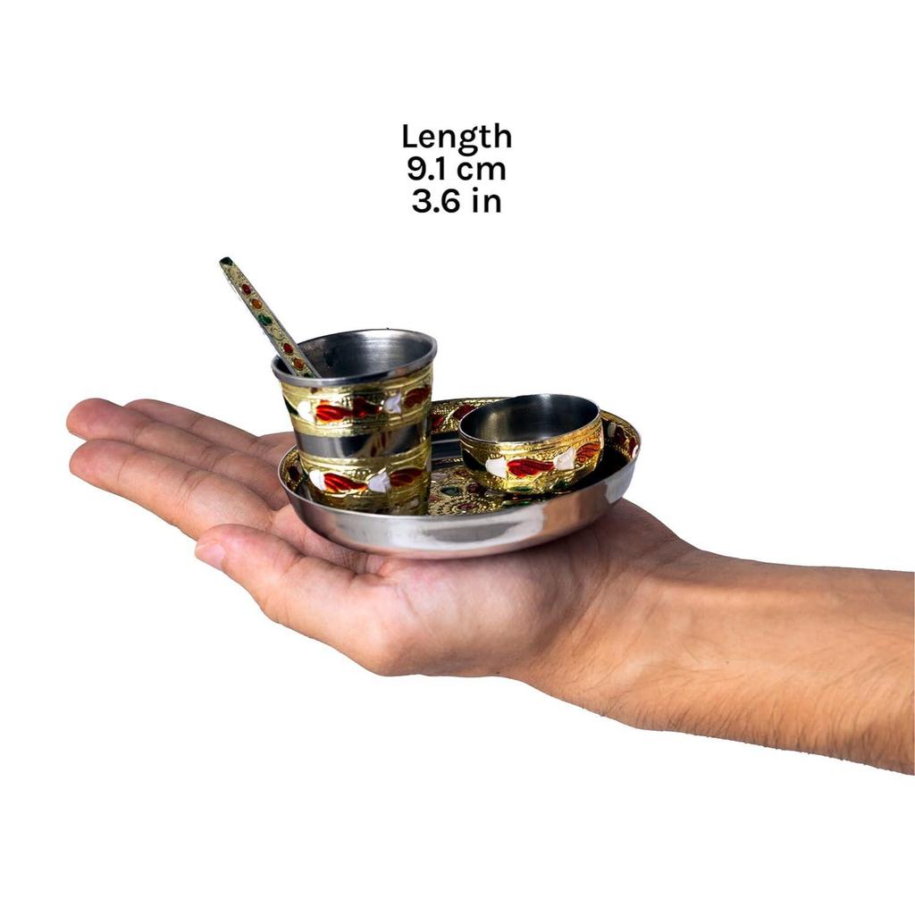 Rolimoli Steel bhog thali Set of 4 pcs for laddu gogal bhog thali with Glass Bowl and Spoon Stainless Steel