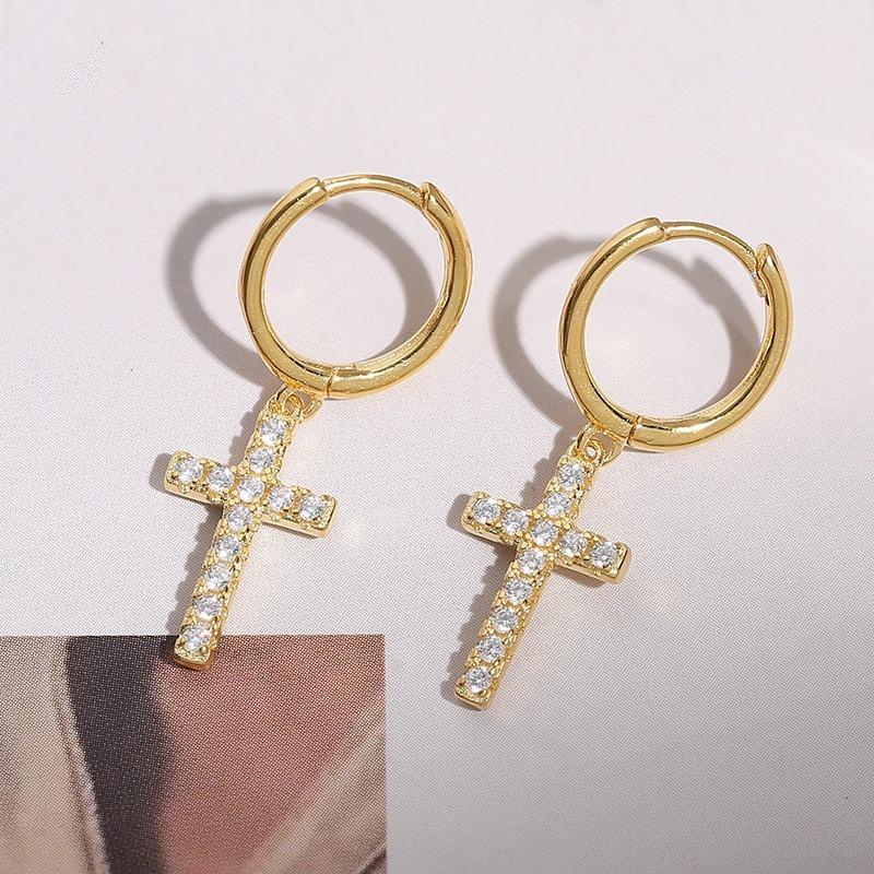 Women 925 Silver Cross Rhinestone Inlaid Hoop Dangle Earrings