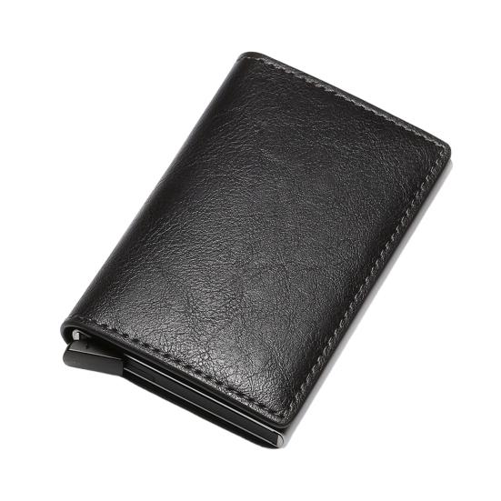 Pánská peněženka z umělé kůže s RFID blokováním, trojdílná, se štíhlým výsuvným držákem na karty, kovové hliníkové pouzdro na karty