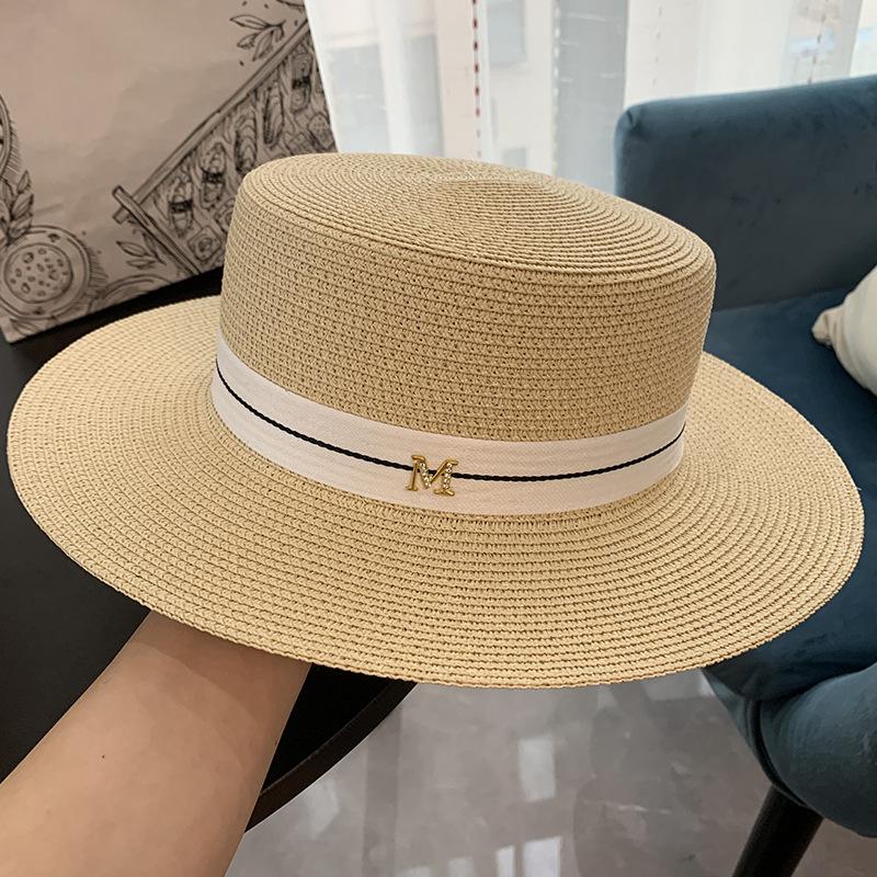 M Straw Hat Women's Simple Flat-top Letter Elegant White Top Hat British Sun Protection Beach Vacation Sun Hat