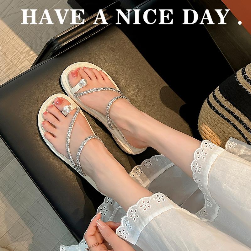

The same pearl puff pearl toe with flat bottom beach sandals women s slippers outside summer wear 40