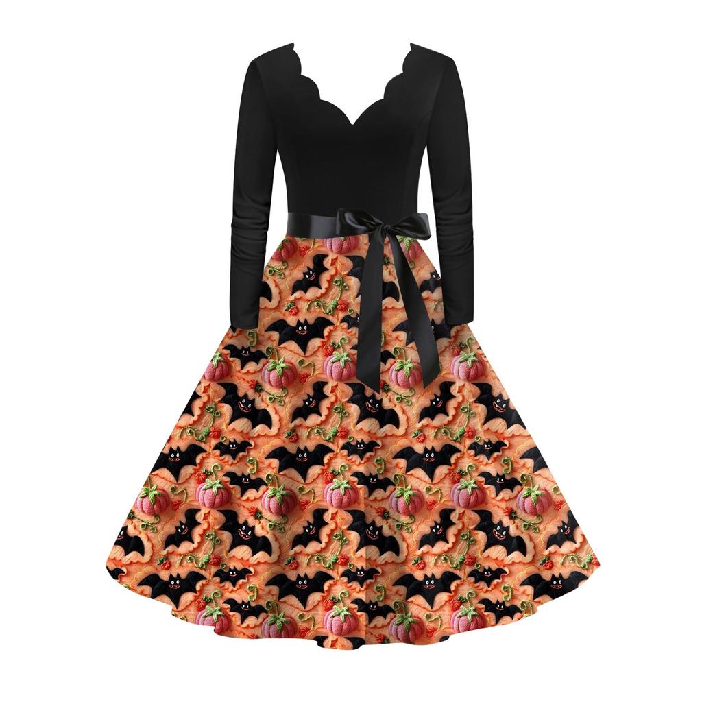 Women's Casual Fashion Long Sleeve  Halloween Graphic Printed Vintage Long Dresses