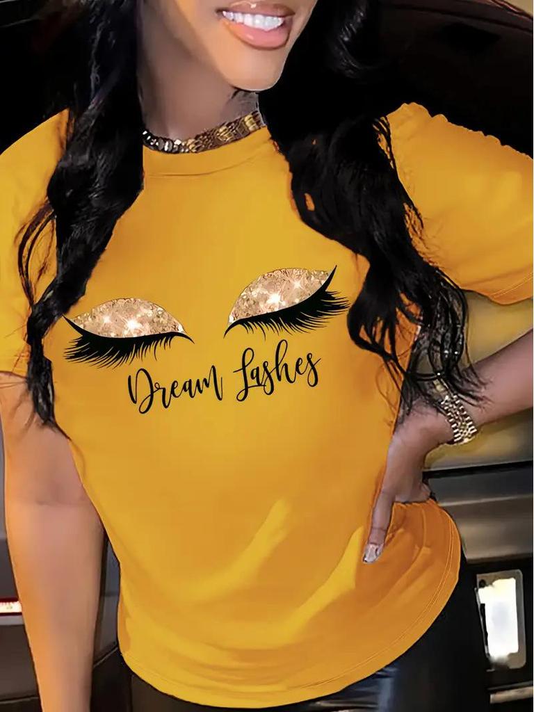 European and American Women's Yellow Short-Sleeved Top with Picture Design