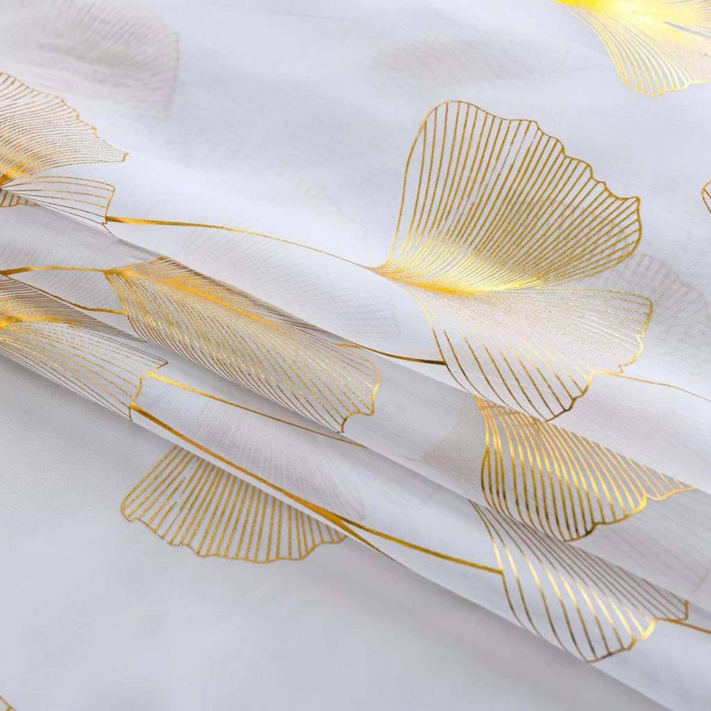 Gold Foil Print Voile Sheer Curtains, Leaves Grommet Top Window Drapes 96 Inches Long, Luxury Metallic Bronzing Treatment Panels