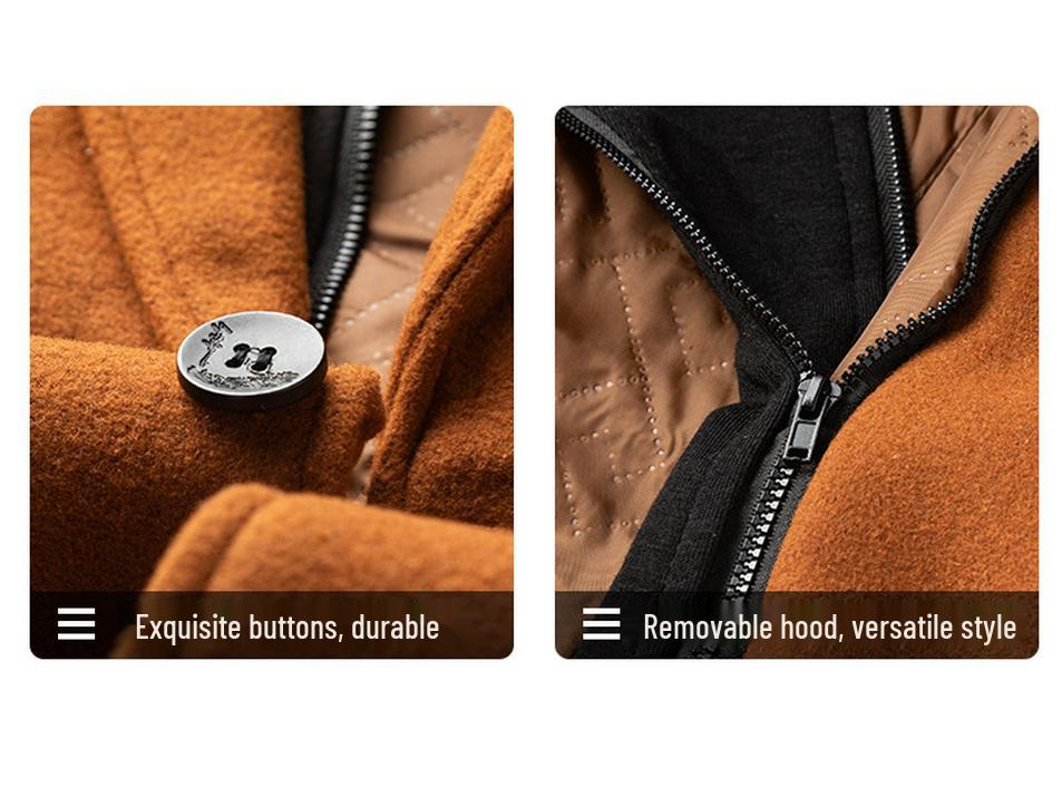 Korean-Style Men's Wool Blend Mid-Length Coat with Removable Hood