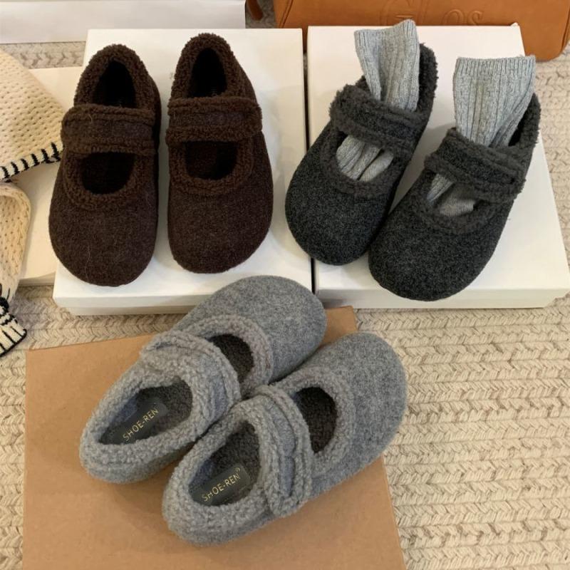 Fashion Thick Soled Fleece Flet Ballet Flats Woman Winter Warm Wool Mary Jane Shoes Ladies Brand Design Elegant Plush Loafers