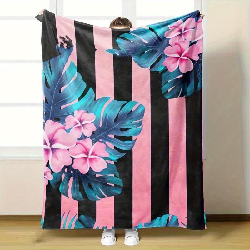 1Pc Tropical Floral Blanket - Ultra-Soft Flannel Throw With Pink, Dark Green Leaves, All-Season Lightweight Warmth For Couch