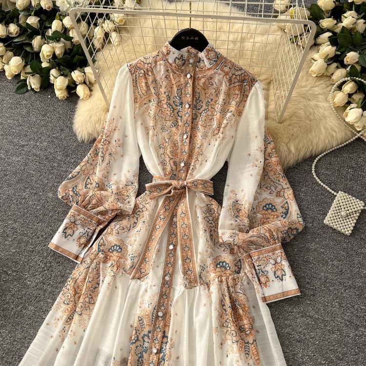 Elegant Vintage Palace Evening Dress Women Long Party Dress Spring France Print Sashes Tying Luxury Festival Clothing New Female
