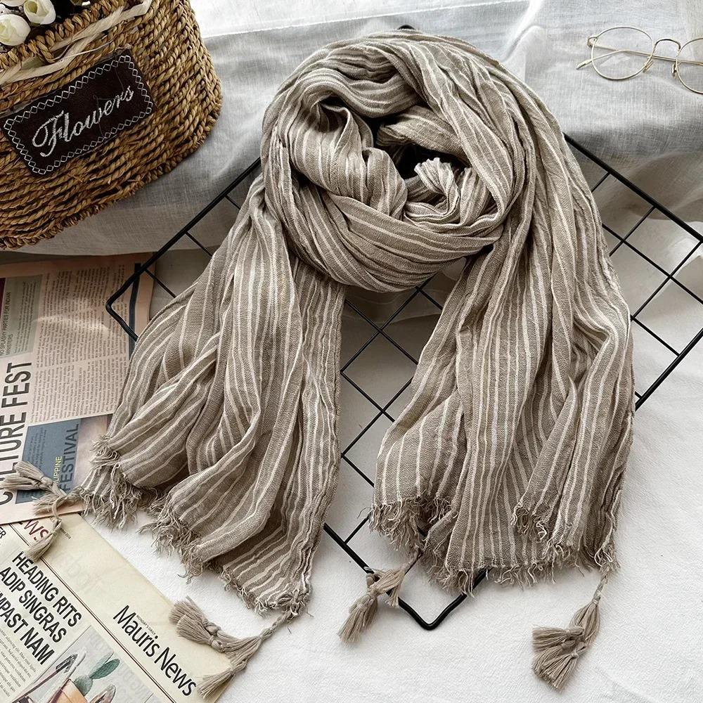 New 190*80cm Artistic Style Striped Cotton Linen Scarf Shawl Men's and Women's Same Style Mori Foulard En Mousseline Scarves