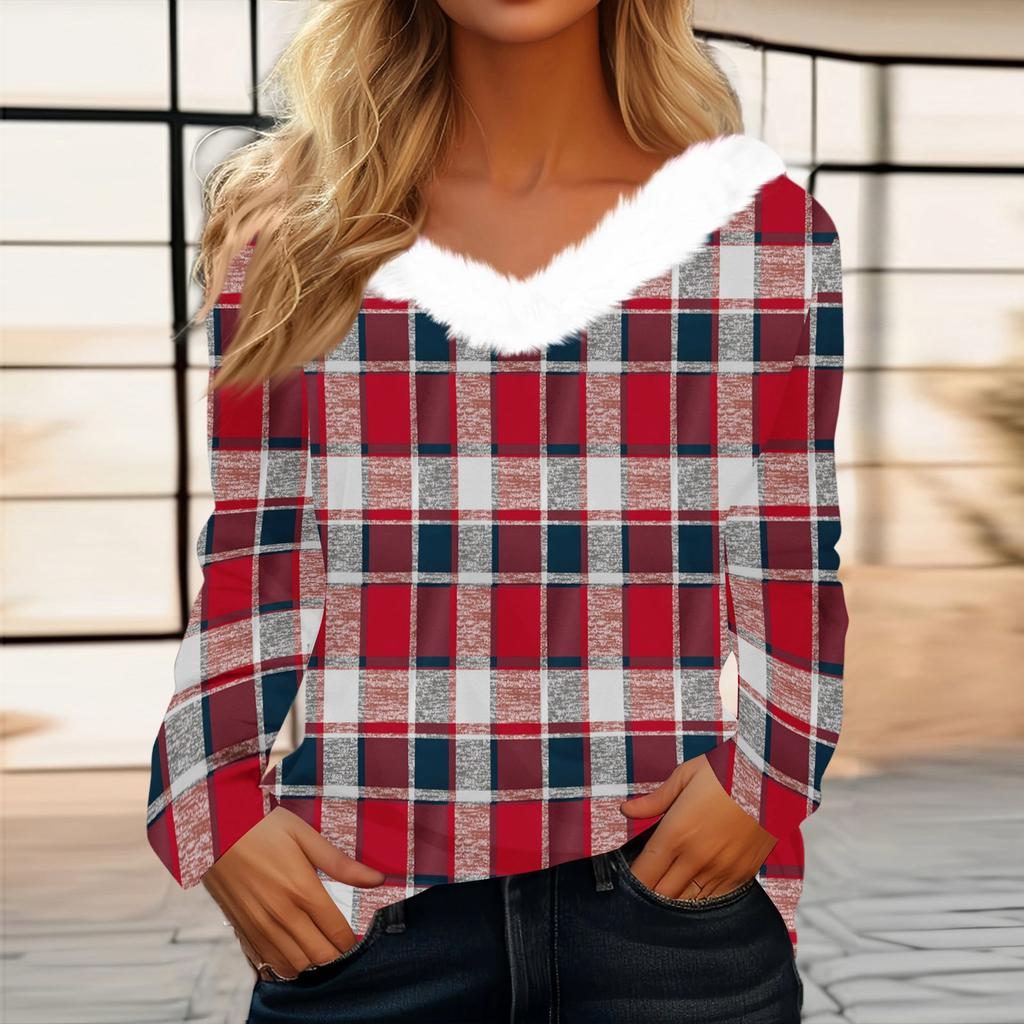 Women's Fashion Long Sleeve Plaid Print Fleece Collar V-Neck Top