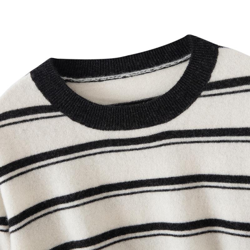 Autumn Winter Retro Stripe 100% Pure Cashmere Round Neck Knit Loose Sweater