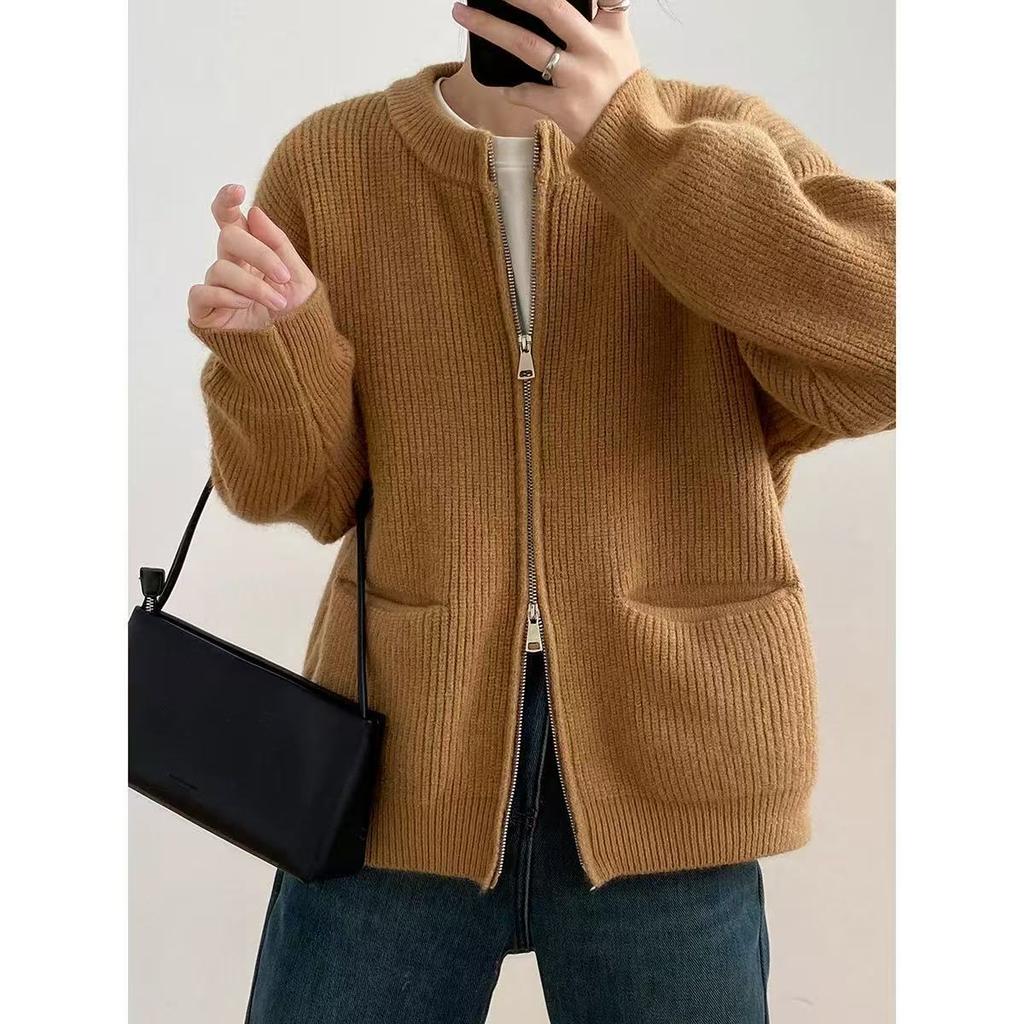 Double zipper solid color design sweater cardigan women's spring and autumn new Korean loose casual knitted sweater women