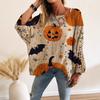 Womens Halloween Pumpkin Bat Print Hollow Out Loose Long Sleeve Knit Sweater