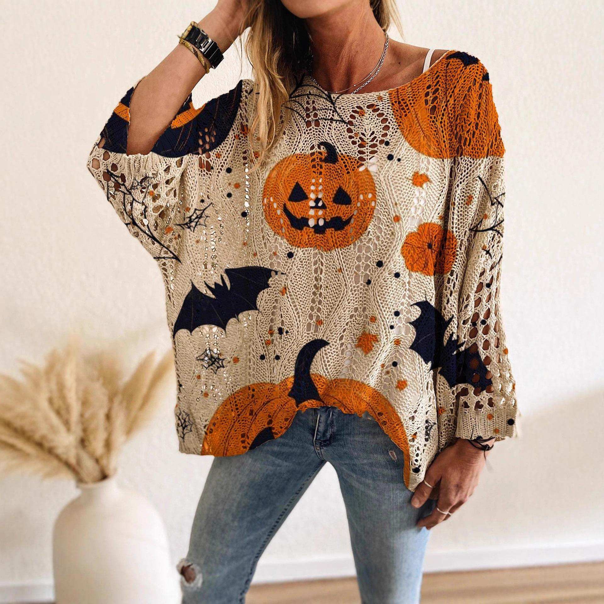 Womens Halloween Pumpkin Bat Print Hollow Out Loose Long Sleeve Knit Sweater S белый