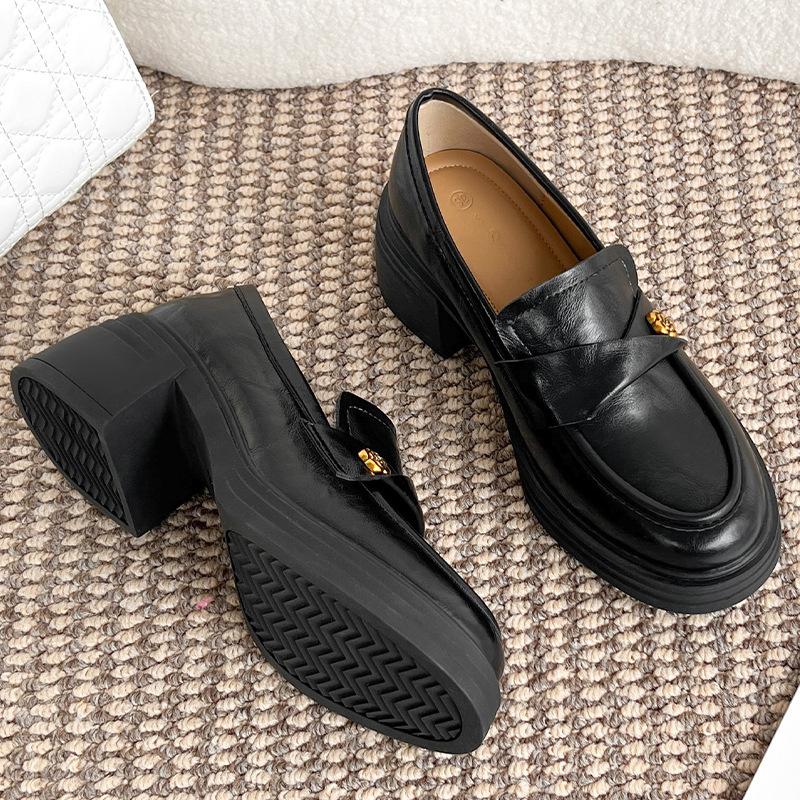 British Style Platform Loafers Women's 2025 Spring New Retro Leather Thick Heel Single Shoes Women's One-pedal Jk Small Leather Shoes