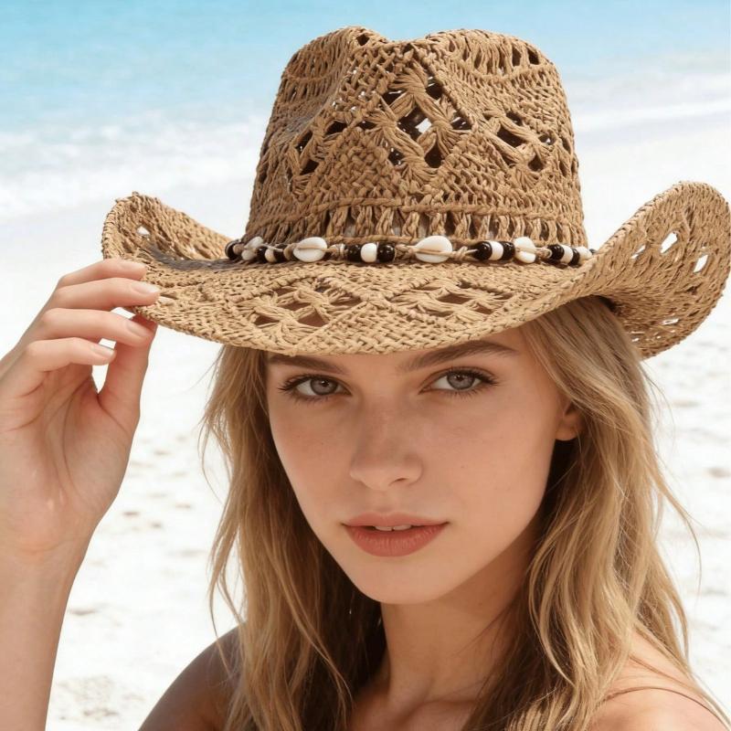1pc Sombrero de Sol de Paja Calado con Conchas Estilo Boho, Sombrero de Playa de Vaquera Occidental, Adecuado Para el Día de la Madre, Pascua, Vacaciones, Sesión de Fotos