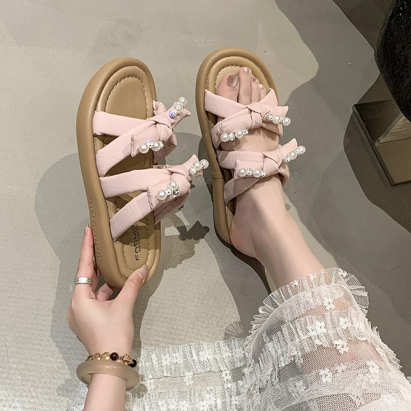 Skirt beach one-word bow gentle flat bottom 2025 with new soft beautiful slippers cool slippers women's summer wear
