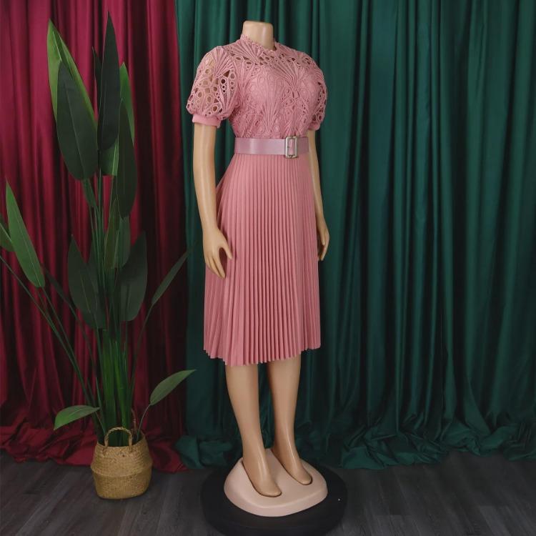 2024 European American Style Women Lace Pleated Short Sleeve Dress