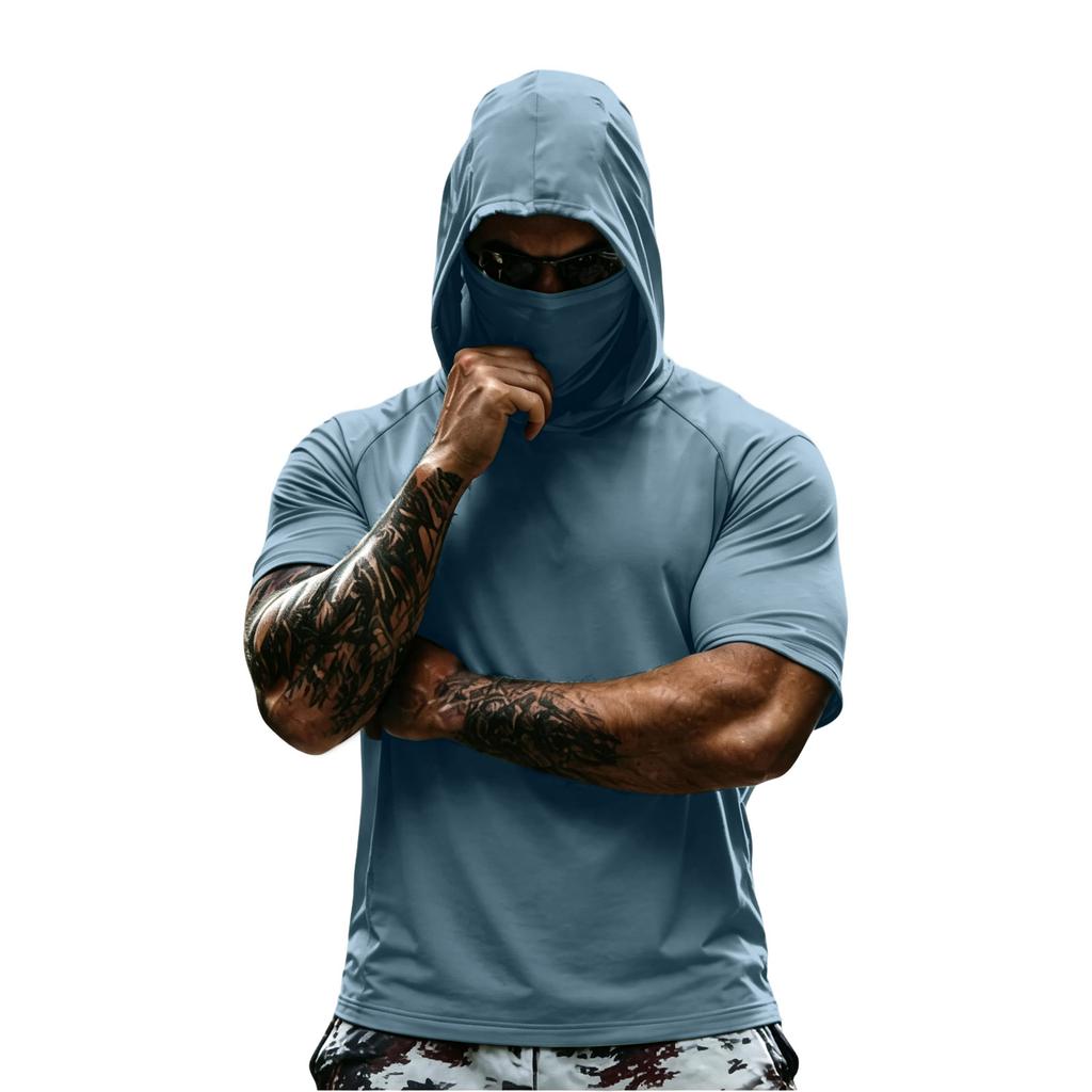 Men Hooded Short Sleeve T Shirt Lightweight Pullover Athletic Workout Top Quick Dry Raglan Tee for Sports Gym Running Training