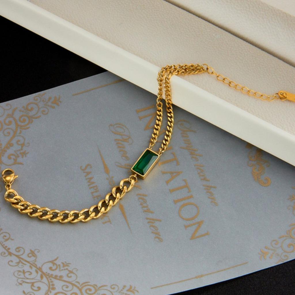 Fashion Simple Luxury Light Gold-Plated Titanium Steel Chain With Diamonds Rectangular Green Diamond Double Chain Simple Square Bracelet Female