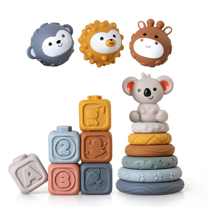 Soft Rubber Baby Hand-Grip Ball, Building Blocks & Stacking Rings Toy Set