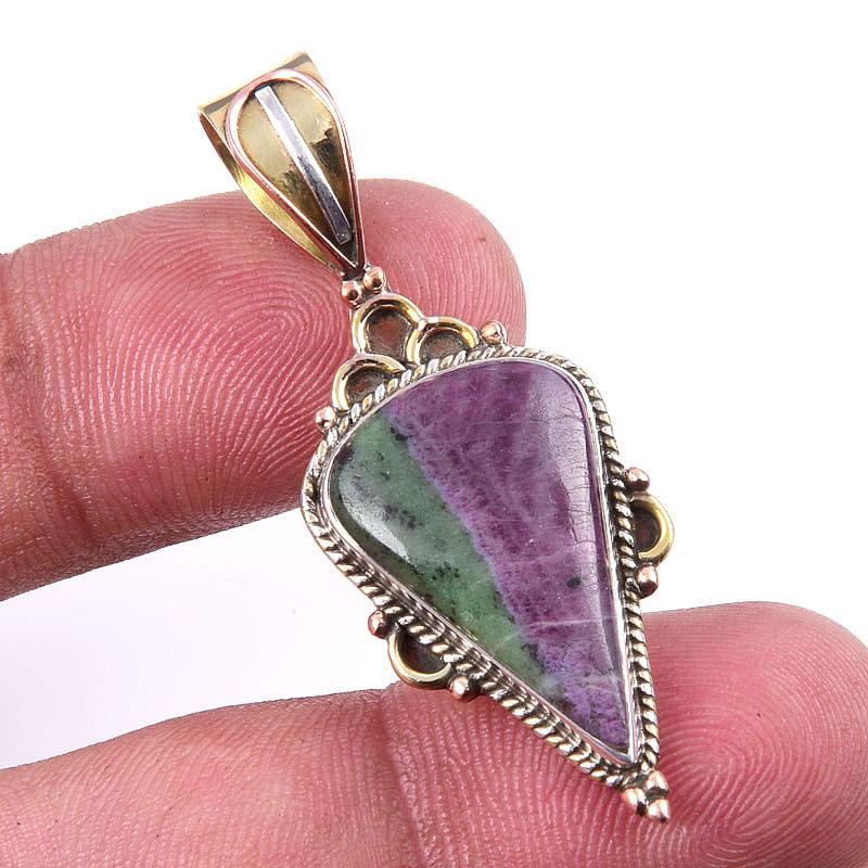 

Ruby In Zoisite Lab-Created 925 Sterling Silver Gift Two Tone Pendant 1.75 S5b07