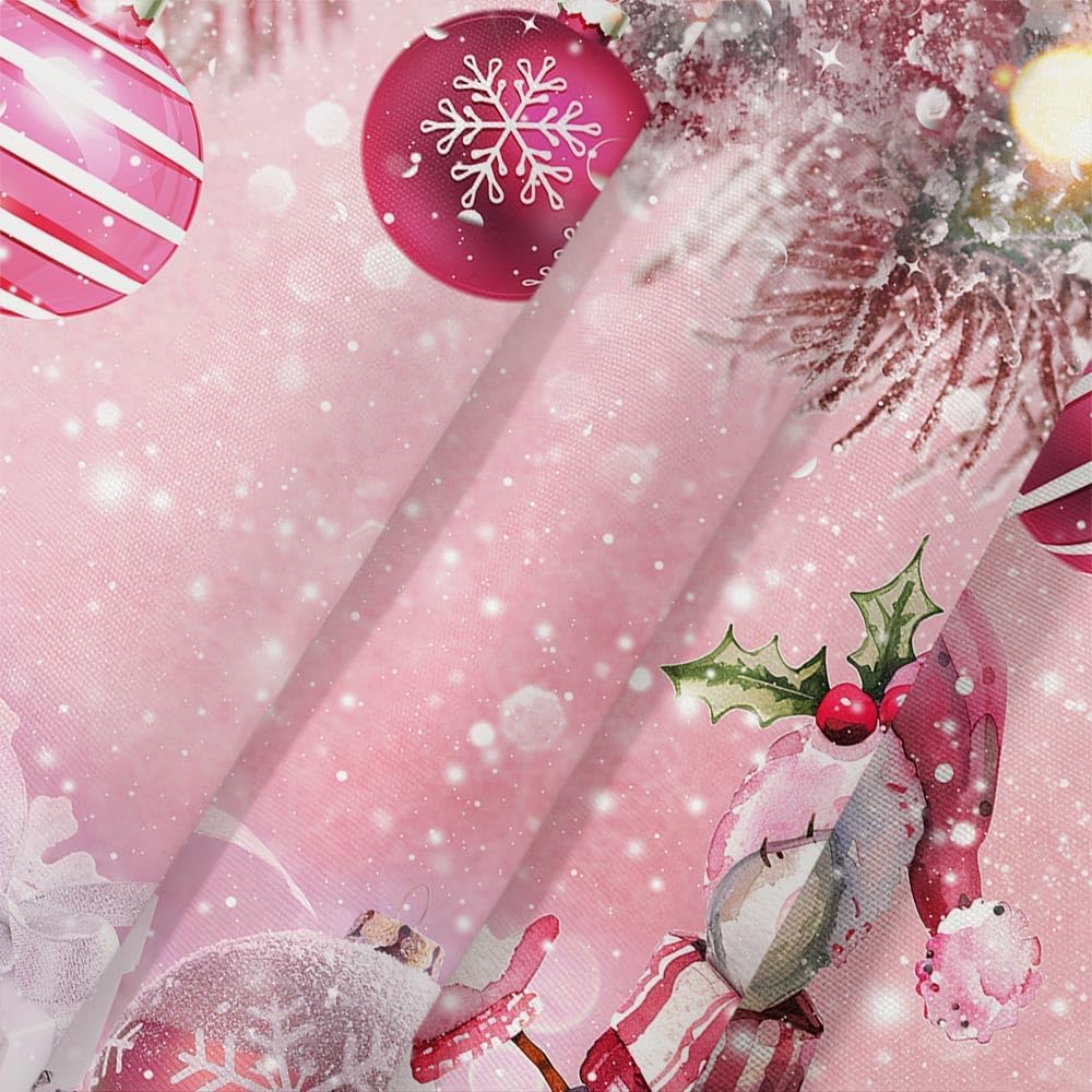Christmas Winter Snowman Pink Ball Shower Curtain Snowflake Pine Tree Twig Bathroom Curtain For Holiday Decorations Waterproof