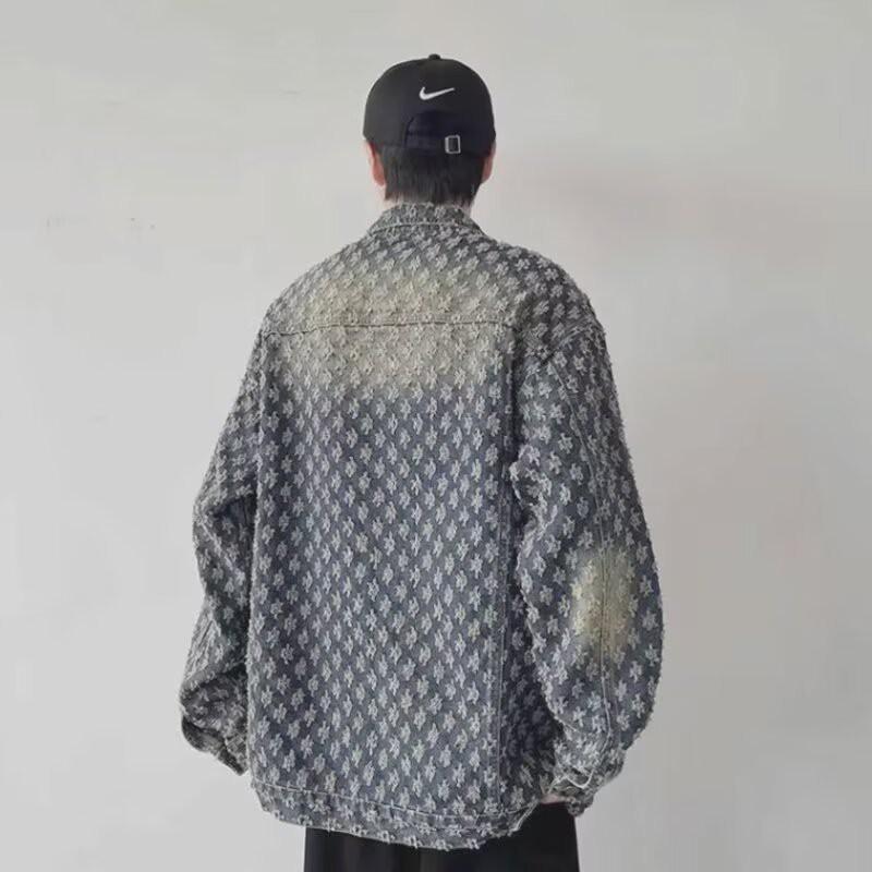 Vintage Washed Denim Jacket With Jacquard Distressed Holes Tie-Dye Unisex Streetwear