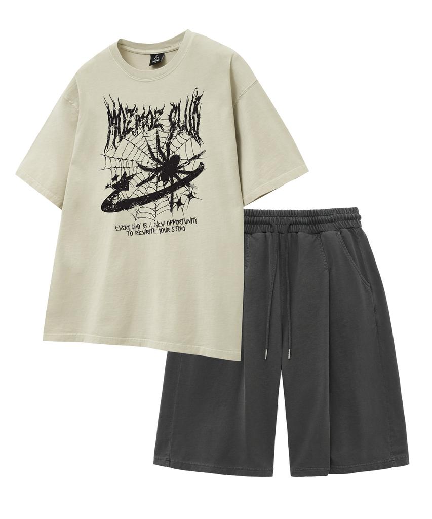 MOZMOZ [Set] Spider Pigment Short Sleeve + Pigment Wide Single-Pleat Shorts Set-Up